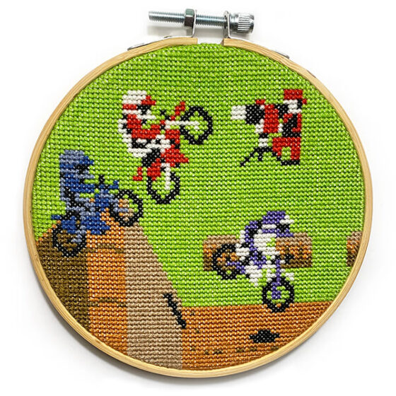 Excitebike Nintendo NES retro video game cross-stitch STITCH-BIT by Bryan.